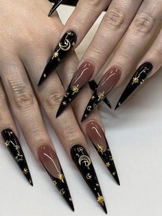 24Pcs Press On Nails XXL Long Stiletto Black French Fake Nails With Moon Star Designs False Nails Gift For Women | SHEIN USA Alt Nails, Ongles Goth, Jelly Stickers, Fake Nails Long, Sharp Nails, Long Stiletto, Nagel Tips, Colorful Nails