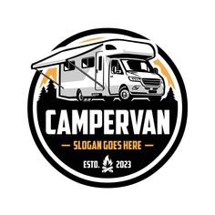 the campervan logo is shown in black and white with an orange circle around it