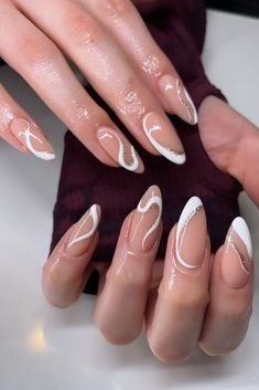 Graduation Nails Oval, White Swirl Almond Nails, White Swirl Nails, Oval Nail Art, Ivory Nails, Simple Nail Design, Line Nail Designs, Oval Acrylic Nails, Gold Gel Nails