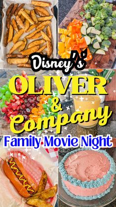 disney's silver & company family movie night with food and snacks on the table