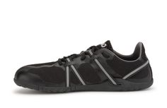 a black sneaker with grey stripes on the side