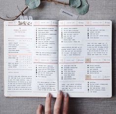 a hand is holding an open book next to a plant with leaves on the table