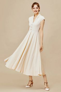 Shop 1920s Casual Dresses - Cap Sleeve V Neck Dress | BABEYOND