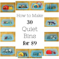 the words how to make 30 quiet bins for $ 9 are shown in different pictures