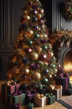 a decorated christmas tree with presents under it