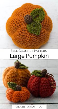 two crocheted pumpkins sitting on top of each other with the words, free crochet pattern large pumpkin