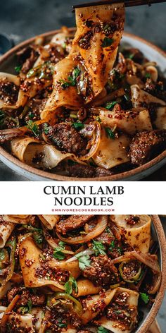 two pictures showing the different types of food in each bowl, one with meat and noodles