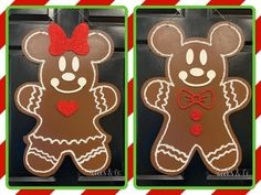 two gingerbread cutouts with red bows on them