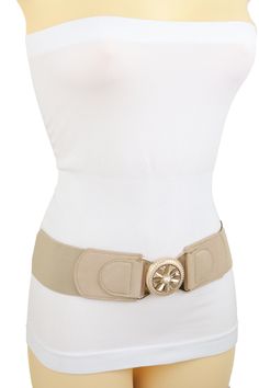 Style : Fashion stylish fancy bling dress up party look / Waist or HipCondition : Brand NewColor :Beige faux leather and stretch waistband strap + gold metal charm buckle + silver rhinestone bead Size: One Size Belt - Adjustable Can Fit Size Small - Medium Waist Size: About 27" - 39"Belt Width : About 2 4/8" wide Brand New Trendy Urban Superb Women Waistband Spring Summer Winter Fall Modern All Year Around Collection Ladies Fashion Feminine Style Sexy Premium Belt - perfect for day or night look Gold Adjustable Belt For Spring, Adjustable Gold Belt For Summer, Gold Adjustable Belt For Summer, Chic Gold Belt For Summer, Gold Fitted Belt, Elegant Adjustable Beige Belt, Adjustable Gold Fabric Belt, Elegant Beige Fabric Belt, Elegant Beige Belt