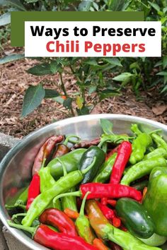 a metal bowl filled with peppers on top of a wooden table next to some plants