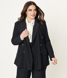 Pair your ambition with action, dames! A powerful statement, crafted in a study woven fabric, the plus size McGill Blazer from Unique Vintage compels attention in dark navy blue. The double breasted style is nipped in with a single button closure while the wide notched lapel is framed by straight long sleeves. The oversized design is further embellished with classic shoulder pads while flap covered side pockets provide an impressive silhouette!Available in sizes XS-4X while supplies last Navy Blue Blazer Plus Size, Double Breasted Blazer Plus Size, Plus Size Navy Blazer, Plus Size Vintage Suit, Blazer Big Size Women, Suit Plus Size Women, Plus Size Navy, Uv Clothing, Vintage Plus Size