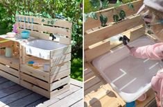 two pictures of a child playing with a sink and potted plants on the deck