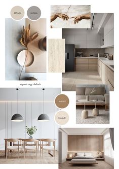 an interior design board with neutrals and beiges in the kitchen, dining room, living room