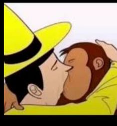 a cartoon monkey with a hat on its head kissing another monkey's face in front of a white background