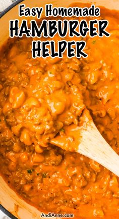 easy homemade hamburger helper recipe in a pot with a wooden spoon and text overlay