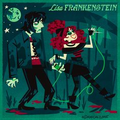 a couple of people standing next to each other in front of a green background with the words les frankensten on it