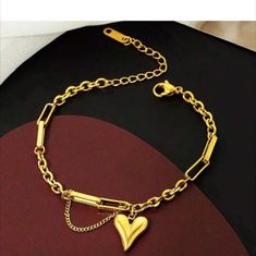 18k Gold Plated Hypoallergenic Stainless Steel Tarnish-Free Gold Stainless Steel Heart Bracelet For Anniversary, Elegant Gold Charm Bracelet With Heart Charm, Elegant Gold-tone Bracelets For Valentine's Day, Elegant Gold-tone Bracelet For Valentine's Day, Mother's Day Gold Stainless Steel Bracelet, Gold Stainless Steel Heart Bracelet As Gift, Gold Bangle Charm Bracelet With Heart Charm, Gold Stainless Steel Bracelets For Valentine's Day, Gold-tone Heart Bracelet As Gift