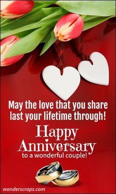 happy anniversary to a wonderful couple with two hearts on the red background and tulips