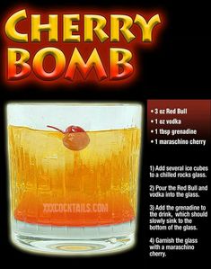 an advertisement for a cherry bomb drink with information about it