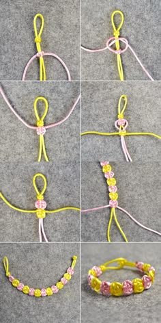 four pictures showing how to make a beaded bracelet with yellow string and pink beads