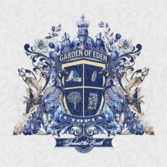 an ornate blue and gold emblem with the words garden of eden on it