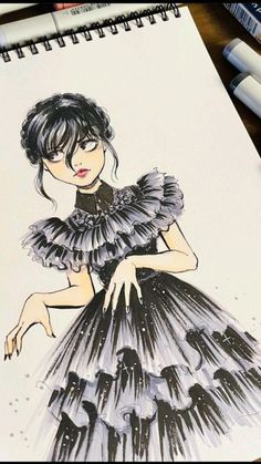 a drawing of a woman in a dress with black and white ruffles on it