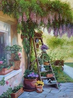 an oil painting of potted plants and flowers on the outside of a house with a ladder