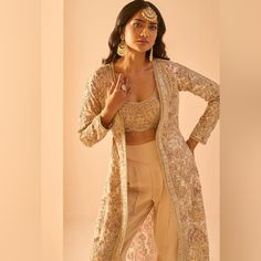 Lashkaraa Gold And Beige Embroidered Crop Jacket Set Size M Worn Once Indo Western Style Comes With Top, Pants And Jacket Stone Embroidery, Net Embroidery, Pleated Pant, Beige Jacket, Padded Top, Pant Set For Women, Fashion App, Embroidered Jacket, Pant Set