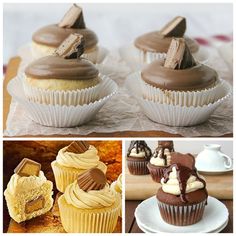 there are many different cupcakes with chocolate frosting on the top and bottom