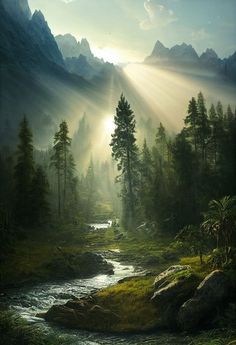 the sun shines through the clouds over a mountain stream