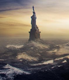 the statue of liberty is surrounded by waves in this surrealistic photo, with an orange and blue sky behind it