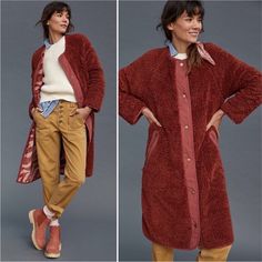 New Without Tag. Solid Terracotta On One Side And Zebra-Striped Motif On The Other. Polyester. Side Slant Pocket. Snap Button Front. Pit To Pit -19.5. Length 40.5 Sherpa Coat, Anthropologie Jacket, Anthropologie, Jackets & Coats, Jackets For Women, Women Shopping, Color