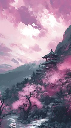 Serene Japanese Temple in Cherry Pink Mountains - Watercolor Painting Pink Japanese Art, Japanese Meditation, Pink Mountains Wallpaper, Japanese Temple Aesthetic, Aesthetic Scenery Painting, Pink World, Pink Landscape, Temple Poster, Chinese Picture