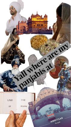 there are many different pictures and words in this collage that include people, food, and buildings