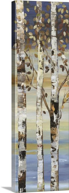 a painting of birch trees with blue sky and water in the background, on an acrylic canvas