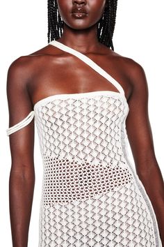 Details White maxi dress in crochet fabrication Featuring 3 different knit techniques - Garment is sheer in some parts Fitted silhouette 3 shoulder straps at neck with tortoise bead at back - Bead position can be adjusted for better fit Strapless neckline Featuring off the shoulder detail at wearer's right arm Pull-on construction - Slip into with ease Unlined - This style is semi sheer due to the nature of the fabric We recommend wearing no bra or pasties with this garment Due to sheer nature, White Open Knit Crochet Mini Dress, White Crochet Trim Maxi Dress, I Am Gia Butterfly Dress, Iamgia Ellery Dress, Knit Techniques, Chic White Crochet Dress With Hollow-out Details, White Women Dresses, White Maxi Dress, Strapless Neckline