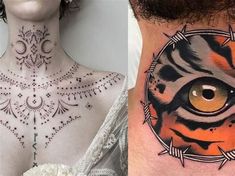 a woman with a tattoo on her neck and an image of a tiger's eye