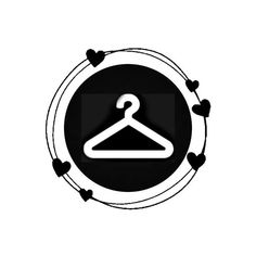 a black and white icon with hearts around it, that has a hanger in the middle