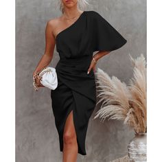 Womens Satin One Shoulder Batwing Sleeve Ruched Bodycon Midi Long Dress Asymmetrical Wrap Front Dress Asymmetrical, Cocktail Party Dresses, Long Midi Dress, Bodycon Midi, Batwing Sleeve, Asymmetrical Dress, Bat Wings, Cocktail Dress Party, Cocktail Party