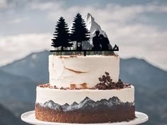 there is a cake that has two people on top of it with mountains in the background