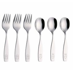 five forks and spoons are lined up in the same row, one with a cartoon character on it