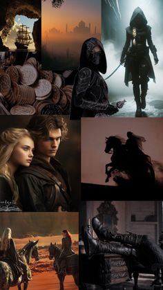 the collage shows many different scenes from game of thrones, including two men riding horses