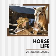 a woman petting a horse on the nose in front of a barn with text that reads, horse life willow lane