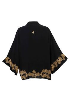 Our bestselling kimono jackets have Japanese inspired wide sleeves. They are fully lined so a good weight for wearing out of the  house over dresses or with jeans to add style with ease to any outfit. This elegant black kimono features Japanese inspired gold pine needle embroidery. The simple embroidery adds a touch of luxury. The outer fabric and lining are 100% Viscose.  Dry clean only. Luxury Embroidered Spring Kimono, Black And Gold Kimono, Embroidered V-neck Kimono For Spring, Luxury Vintage Black Kimono, Black Embroidered Long Sleeve Kimono, Black Kimono, Needle Embroidery, Short Kimono, Stocking Fillers For Her