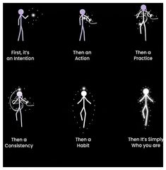 four different types of stick figures with the words, first it's an intention then it's simply constistency