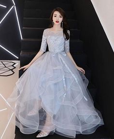 Scoop Neck Prom Dress, Tulle Formal Dress, Lace Long Prom Dress, Grey Evening Dresses, Formal Dresses Graduation, Tulle Evening Dress, Backless Prom Dresses, فستان سهرة