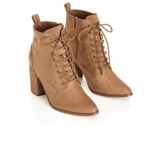 Opt for the gorgeous Calista Ankle Boot! Perfect for your off-duty styling, these boots flaunt faux suede fabrication, wooden block heels and a side zip closure for an easy, polished finish. Features Include: - Pointed toe - Front lace up closure - Faux-suede fabrication - Wooden block heel - Side zip closure - Contrast sole Coordinate with black pants and a cropped blazer!Bold and fiercely fashionable, no one does plus size fashion like City Chic. Loved around the globe for its diverse range of Brown Boots With Wooden Heel For Fall, Fall Suede Heels With Wooden Heel, Suede Lace-up Boots With Stacked Heel, Plus Size Clothing Online, Tan Ankle Boots, Wide Fit Shoes, Pointed Toe Heels, Cropped Blazer, City Chic