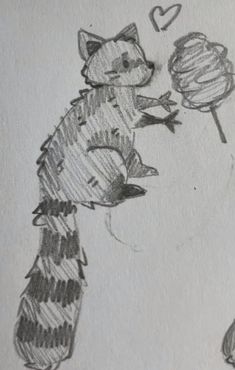 a drawing of a raccoon holding a lollipop in it's mouth