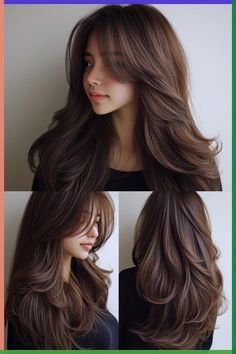 Her hair is long and brown, with plenty of volume and layers. It has gentle waves throughout, and her bangs are styled in a curtain shape. The overall look is natural and pretty. - Click to see more of Effortless and Alluring: 33 Long Layered Haircuts with Stunning Side Bangs and follow us for more hairstyle ideas. 3 Layers Haircut Long, Hairstyle Curtain Bangs Long Hair, U Shape With Long Layers Haircut, Layer Hair Hairstyles, Haircut With Side Bangs And Layers, Layers Hair With Curtain Bangs, Long Hair With Layers With Curtain Bangs, Round Face Haircuts Long Hair, Layers For Long Hair Bangs