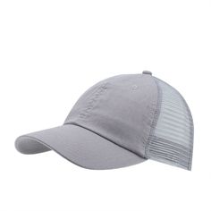 a gray hat with white mesh on the front